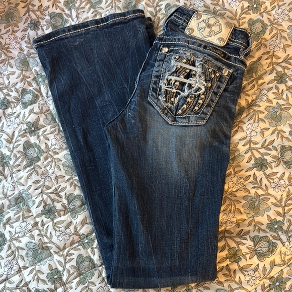 Miss Me Blue Jeans with Decorative Stitching & Distressed Details Wings - Picture 1 of 10